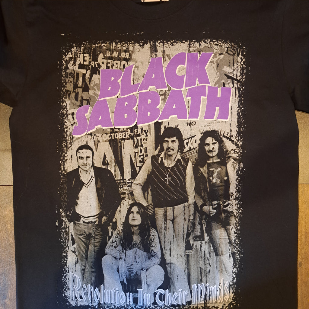 Black Sabbath t-shirt with band members and text on a dark background