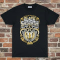 Black Sabbath logo with gold and white design on a black background