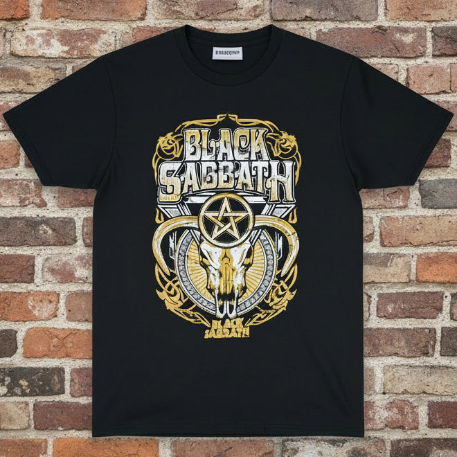 Black Sabbath logo with gold and white design on a black background