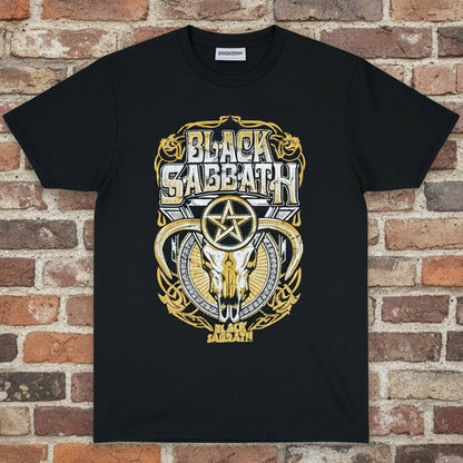 Black Sabbath logo with gold and white design on a black background
