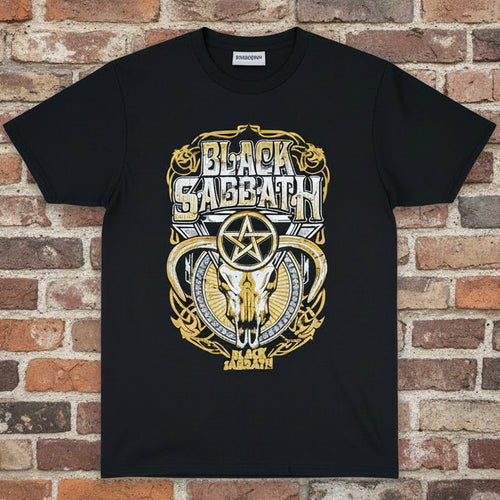 Black Sabbath logo with gold and white design on a black background