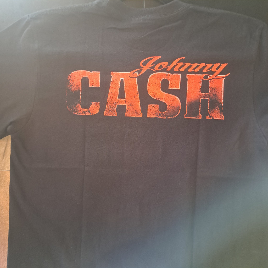 Black t-shirt with red 'Johnny Cash' text on back