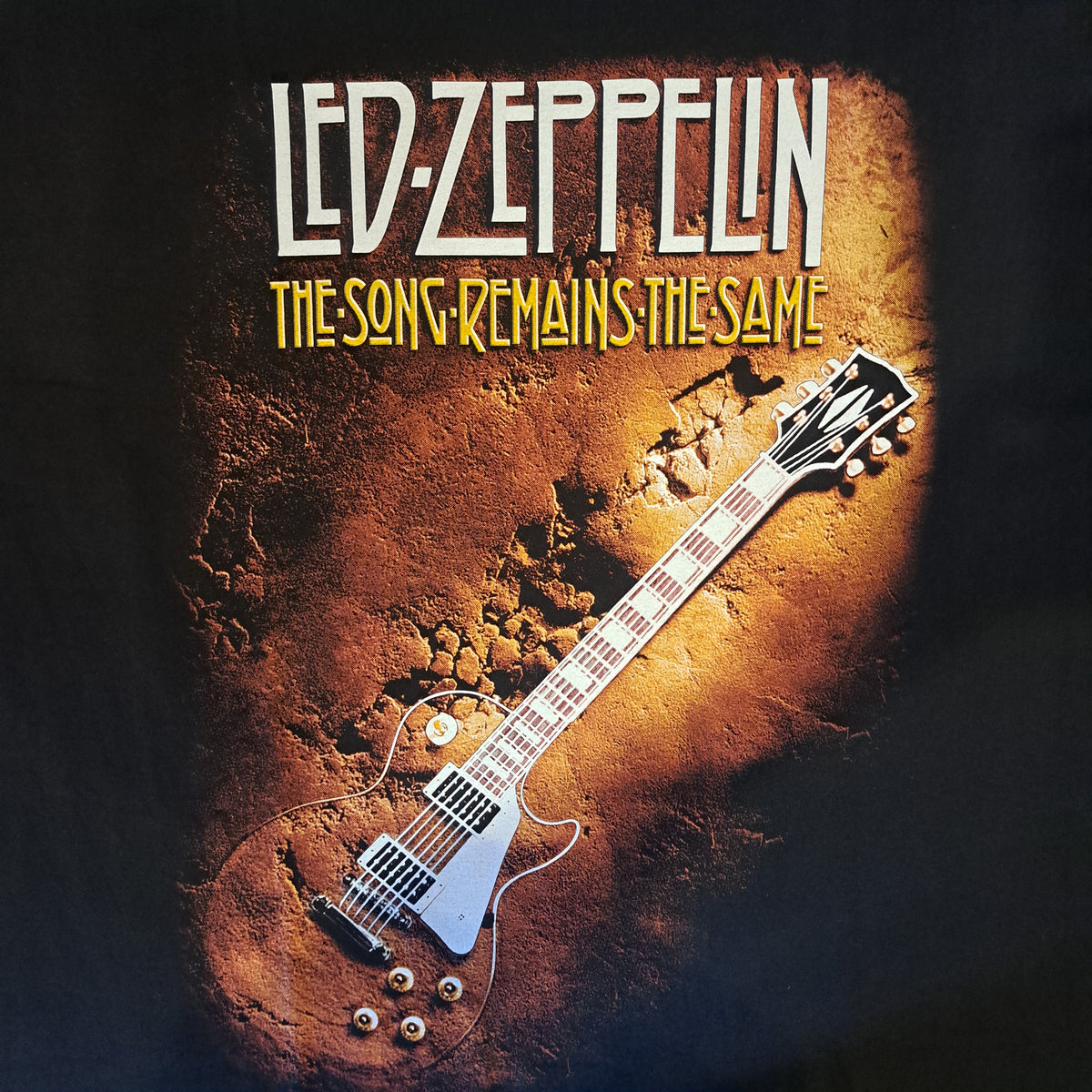 Album cover for Led Zeppelin's 'The Song Remains the Same' with a guitar on a textured background.