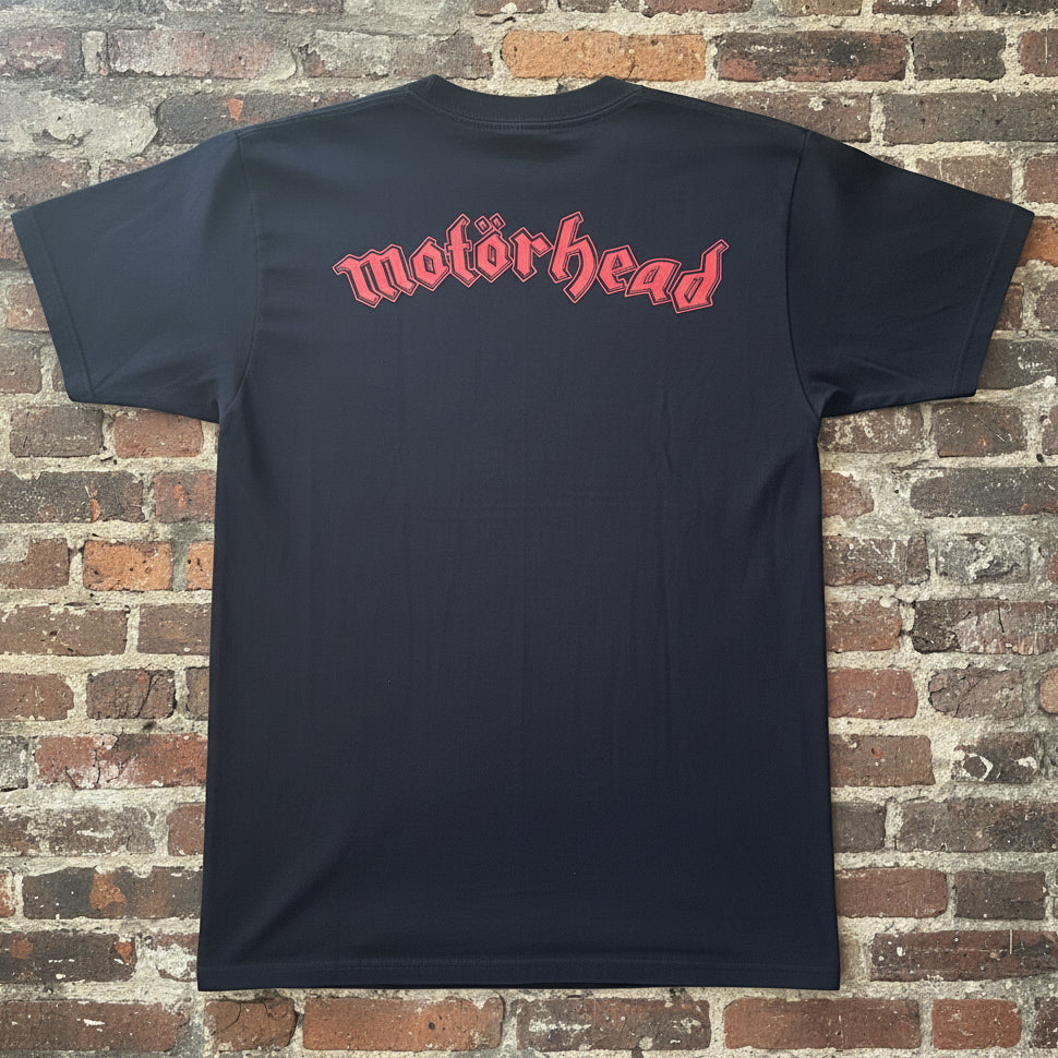 Black t-shirt with red 'Motorhead' logo
