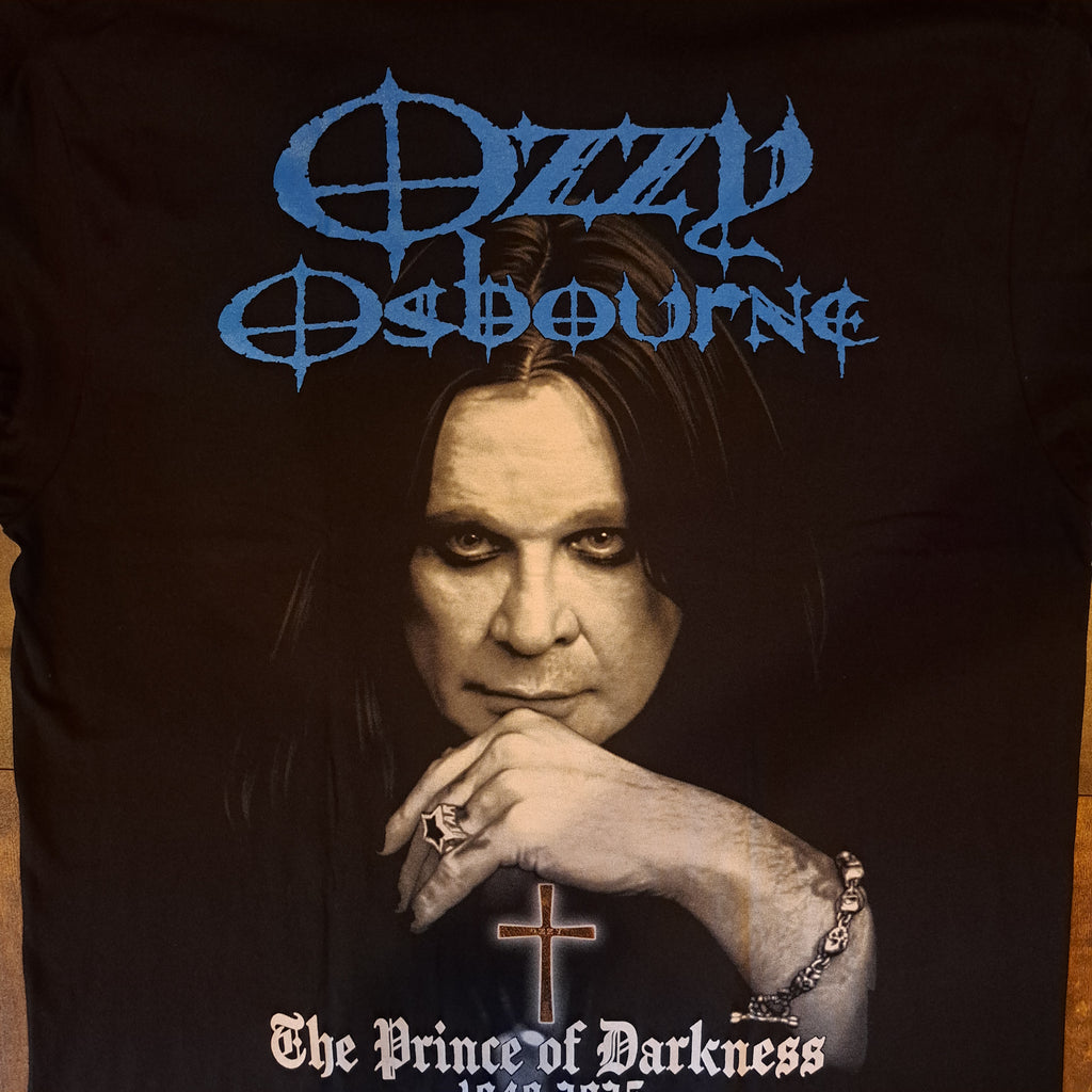 Black t-shirt with a graphic design of The Prince of Darkness. 