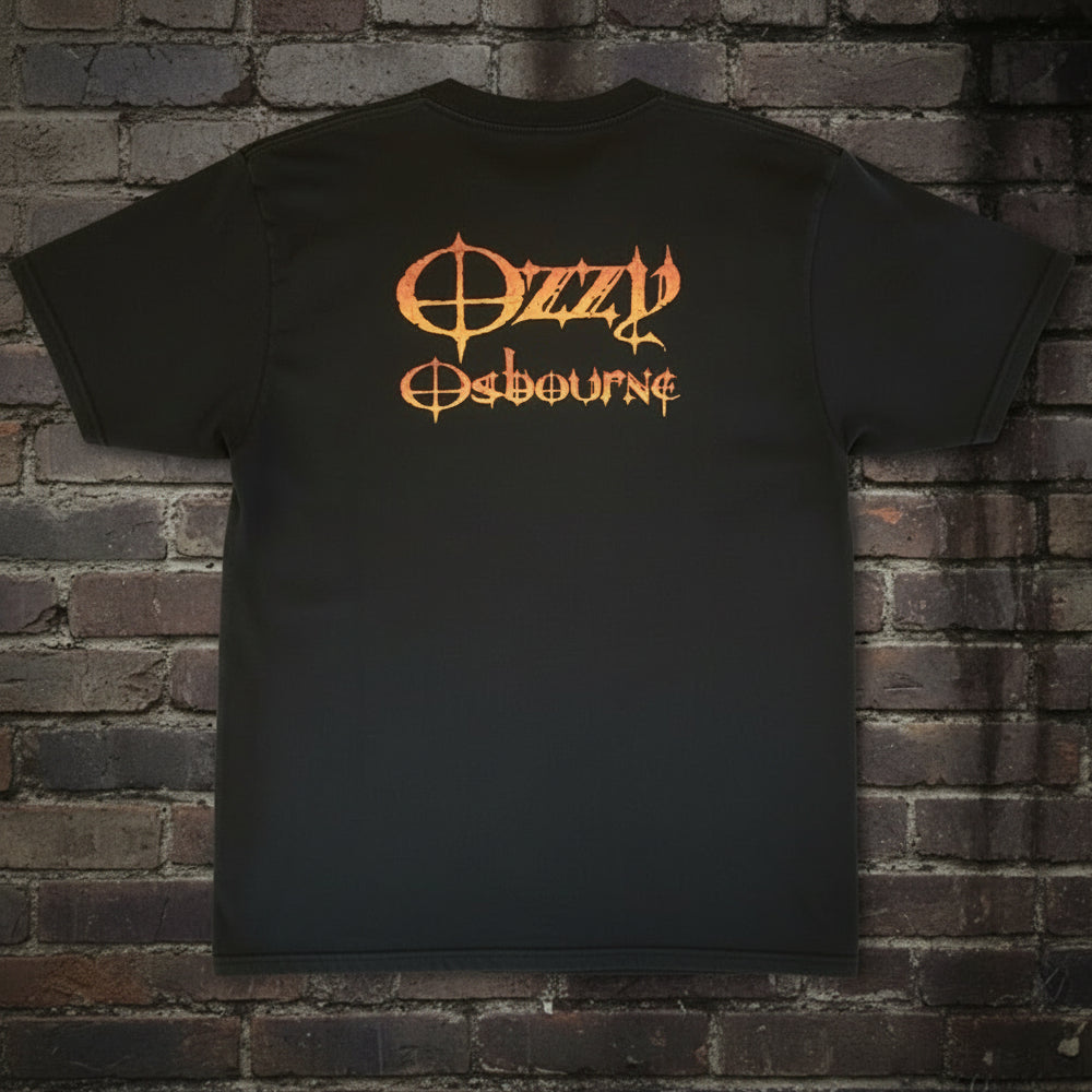 Ozzy Ozbourne black shirt with orange and yellow text design on a dark background