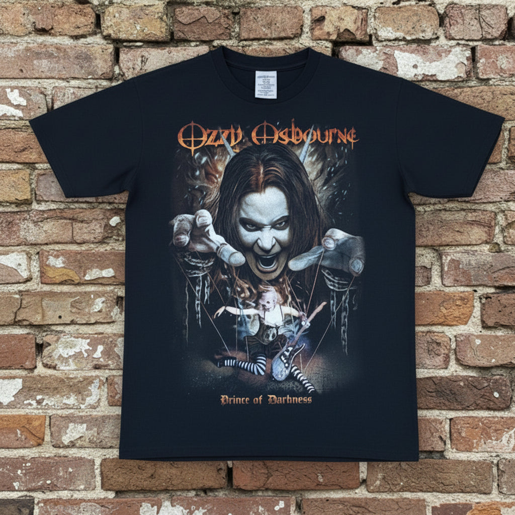 T-shirt with Ozzy Osbourne graphic design featuring a marionette and text 'Prince of Darkness'. Glow in the dark.