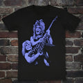 Black t-shirt with blue graphic design on a wooden surface. Randy Rhoads guitarist. Ozzy Osbourne. Front 