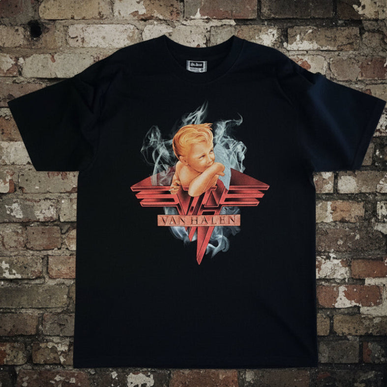 Black t-shirt with a graphic design of a cherub and 'Van Halen' logo on a dark background